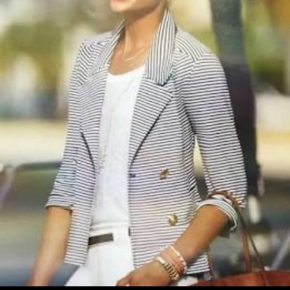 CAbi 823 Nautical Double Breasted Jacket Navy White Striped Jack size La… - Picture 10 of 12